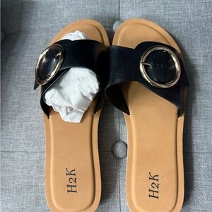 Black Slide Sandals with Gold Buckle